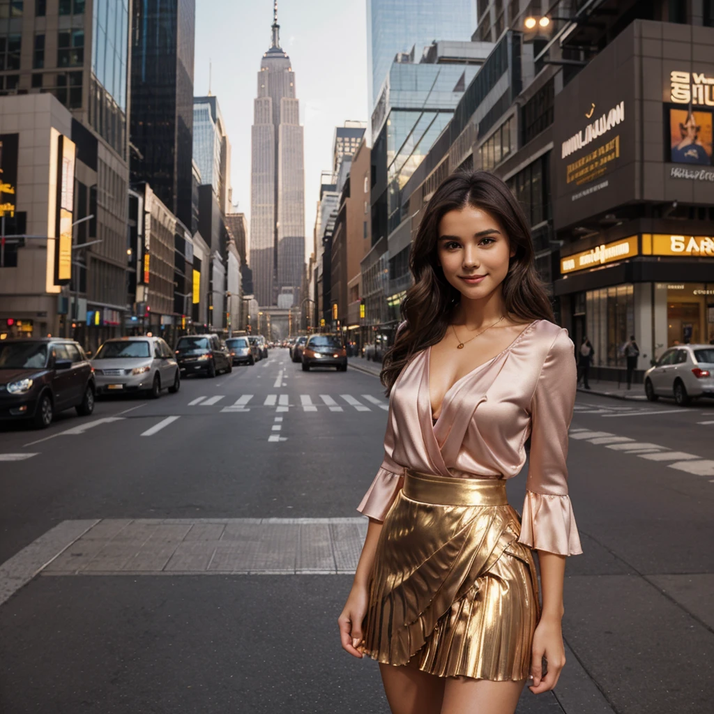 generated a full body of a 21 years old young woman with dark brown hair, medium size chest, innocent expression, With a shy smile, Against the backdrop of New York's skyscrapers at dusk, a model wears a luxurious silk blouse in a soft blush hue, tucked into a metallic pleated mini skirt. The blouse features delicate ruffles along the sleeves and neckline, while the skirt adds a modern, shimmering touch. The ensemble captures the perfect balance between elegance and contemporary style, enhanced by the city's golden hour glow