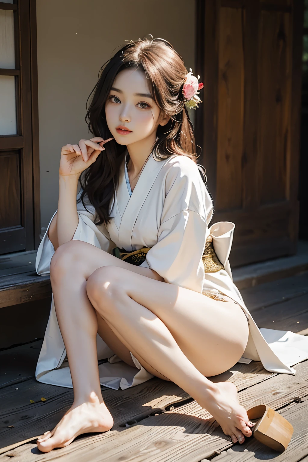 meticulous portrayal of face,1 noblewoman,(Hairpins),(Camellia kimono),(Long flowing colored hair),Simple and elegant Japanese clothing,Collar, the perfect face,Perfect Finger, perfect eyes,Extremely normal body,Ancient Japanese town background,Perfect background,Beautiful looks,Clear Eyes,Leanness,Bare feet and wooden clogs,The intelligent sparkle in his eyes,Barefoot indoors,If outdoors, wear geta,A pure and beautiful girl,Kimono underwear,Thin undergarments,No underwear rule,Are thin,Thin legs,thin thighs,the waist is very thin,Small breasts,Flat Bust,Small butt,Thin and small hips,The lower body is thin,Anatomically correct hand,Anatomically correct fingers,Anatomically correct feet,Beautiful leg style,Beautiful legs stretched out,Artistically beautiful nipples,legs are thin and long,Delicate and subtle facial expression,