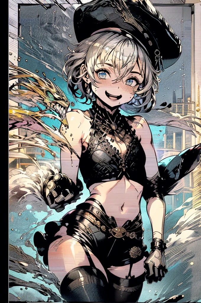 (masterpiece, very high quality, perfect anatomy, erotic, sexy) medieval world, 1 man, young, slender, small, thick thighs short silver hair, bangs, sea green eyes (black pirate hat, black vest, short leather shorts ,) belly exposed, on a pirate ship slutty smile, flushed face, excited expression