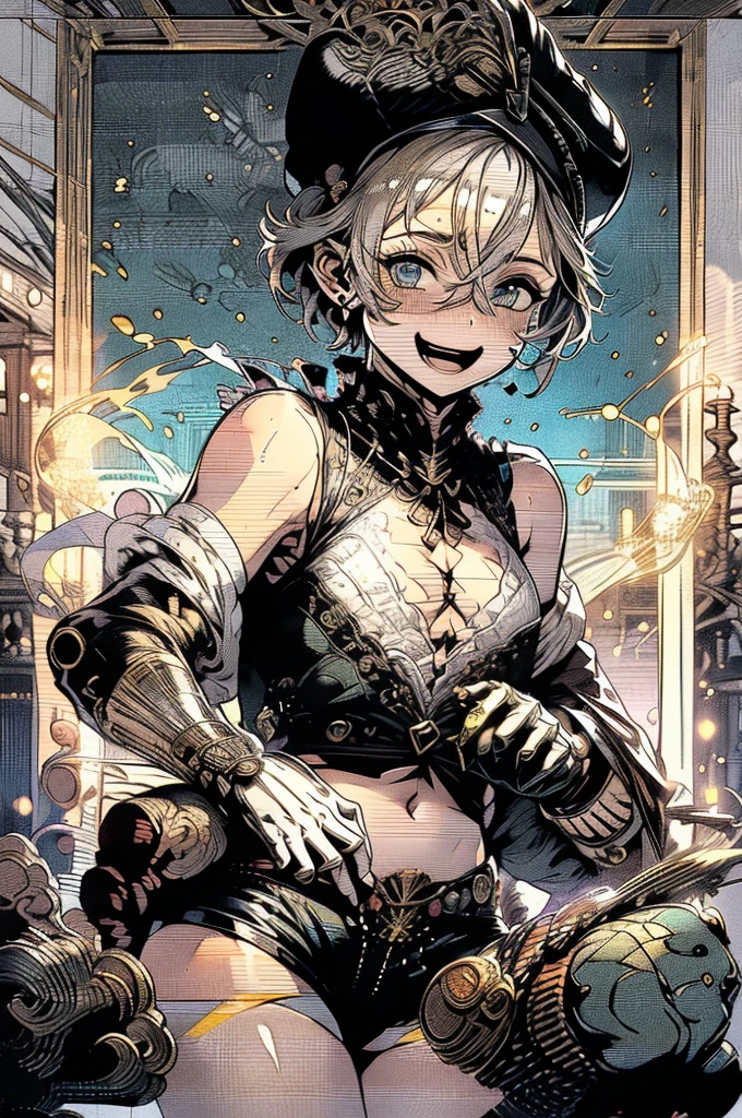 (masterpiece, very high quality, perfect anatomy, erotic, sexy) medieval world, 1 man, young, slender, small, thick thighs short silver hair, bangs, sea green eyes (black pirate hat, black vest, short leather shorts ,) belly exposed, on a pirate ship slutty smile, flushed face, excited expression