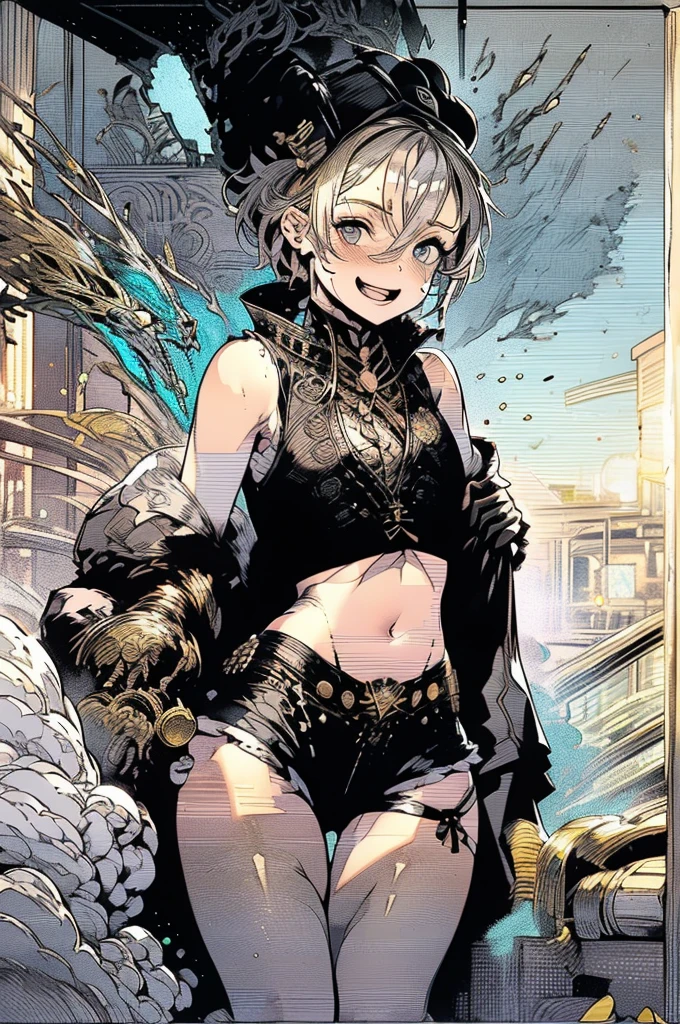 (masterpiece, very high quality, perfect anatomy, erotic, sexy) medieval world, 1 man, young, slender, small, thick thighs short silver hair, bangs, sea green eyes (black pirate hat, black vest, short leather shorts ,) belly exposed, on a pirate ship slutty smile, flushed face, excited expression