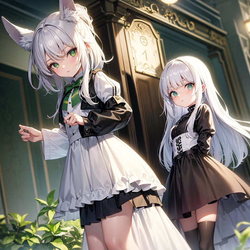 Traduzir textos com a câmera
A beautiful and cute girl, young and short, with long white hair, green eyes, scared, 20th century outfit, one girl