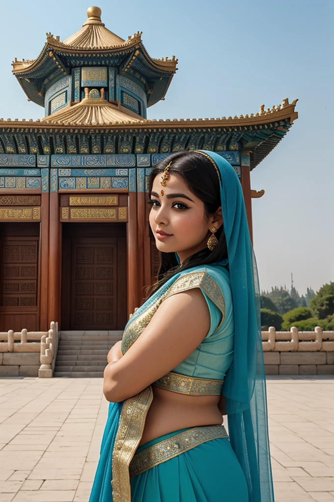 1 Heavenly beautiful and goddess beauty cute and sweet looking face Arabian female in front of Temple of Heaven, China, Heavenly beautiful Overweight, Heavenly beautiful Extremely fat, Heavenly beautiful and attractive Chubby figure , Heavenly beautiful looking and eye catching luxury style Ajrakh Sarees , reaching out, Heavenly beautiful Arabian woman, 16k, High resolution, masterpiece, highest quality, fine skin, outside view, Realistic Photograph, close up face view