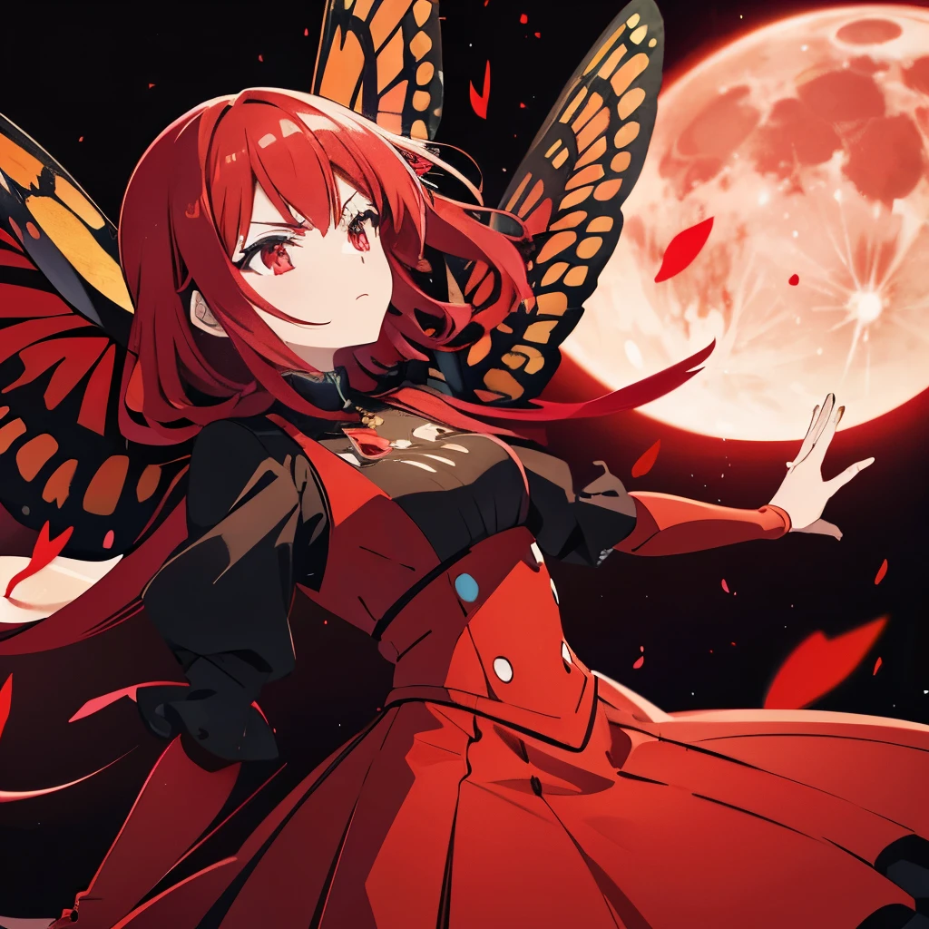 a woman with Red neon hair with bright red polka dots, red and black butterfly outfit, serious face, bright red eyes, in the background a field with the dark sky and the moon, red butterfly wings, lots of details, perfect shadows, high rotations