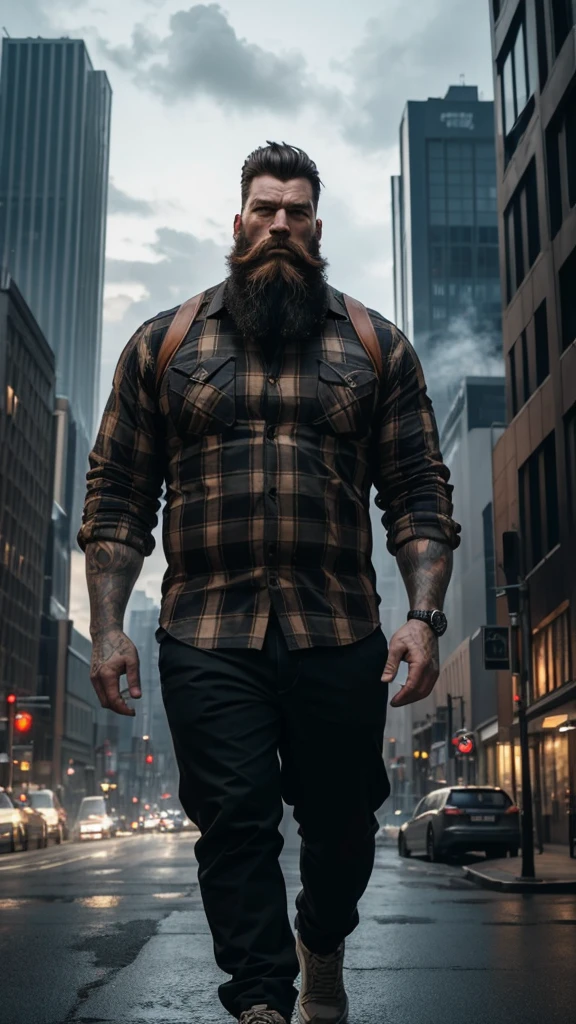 "A giant with a lumberjack beard, imposing in a cool, laid-back style is wearing black pants and a checkered country shirt. His toned, athletic body suggests his enormous strength. He appears to be casually strolling through the busy cityscape of GTS City, like buildings Smoke and clouds billow around her, adding to the sense of epic and dramatic scale. The lighting is dark, shadowy and realistic, creating a tense and ominous atmosphere.