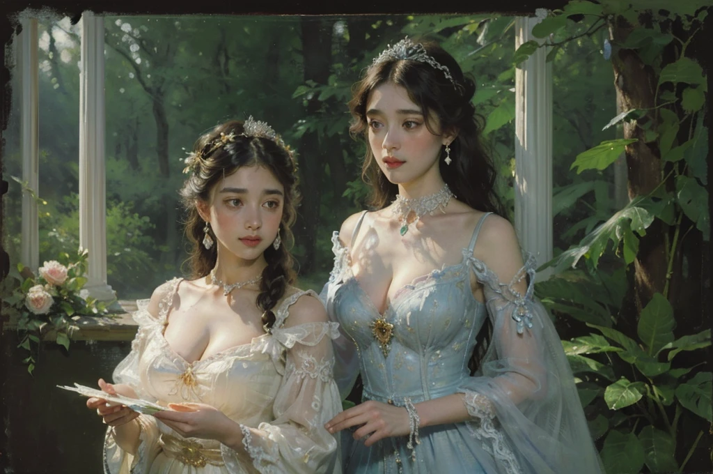 ((((2 women together)))), ((gorgeous princess)), (with long flowing white hair), (bright and beautiful eyes), trending on Art Station, flower of hope by Jean-Honor Fragonard, Peter mohrbacher, super detailed, crazy details , stunning sophisticated elite art nouveau ornate liquid wax elegant luxurious greg rutkowski ink style sticker vector art beautiful character design double exposure shot luminous design, winning entry, masterpiece, amoled black background, ((((18 yo, pretty, trending on Deviantart, portrait, busty cleavage, extremely pale, magical fairytale fantasy atmosphere)))), masterpiece，Highest high resolution，Beautiful bust of a noble lady，Delicate braided hair，Clear eyes，The hair is covered with beautiful and delicate floral craftsmanship, Crystal jewelry filigree，Ultra-detailed details，upscaled。Soft lighting, classy dress, ornate sleeves, shy, jewelry, choker, golden marble city in background