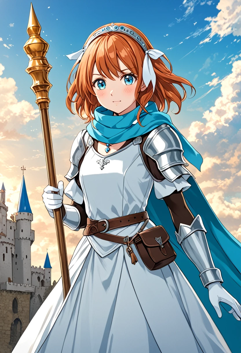 artwork, best quality, 2d anime style, White girl, medium length hair, twin tails, light orange redhead, blush cheeks, turquoise eyes, long white dress with light blue details, silver details, sleeveless, elbow gloves, light blue scarf, waist belt, docile expression, medieval theme, RPG, fundo do castelo, sky appearing, holding a white scepter with blue details. fully body, conceptual artwork, Brown boots
