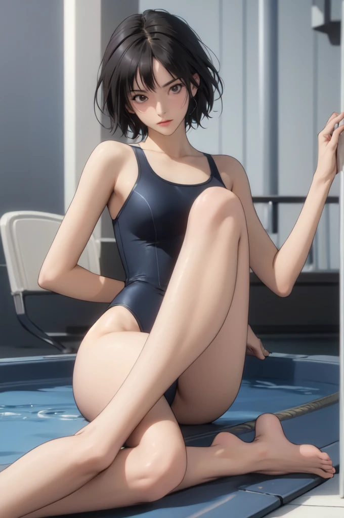 ((masterpiece, best quality)),((highres:1.2)), 1 Girl, solo, Blurred Background, (((Small breasts))), Thighs, (Stripe underwear), (One piece swimsuit), pool, leg Spread, short hair