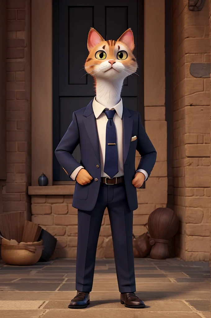 The cat must have a confident posture, perhaps with arms crossed or hands in pockets, and a cunning look. The suit must be well fitted, preferably in dark colors like black or navy blue, with sophisticated details like a tie and cufflinks. Add details that highlight the cat's musculature, like slight definition under the suit and an upright posture. Facial expression should convey intelligence and a touch of mystery.