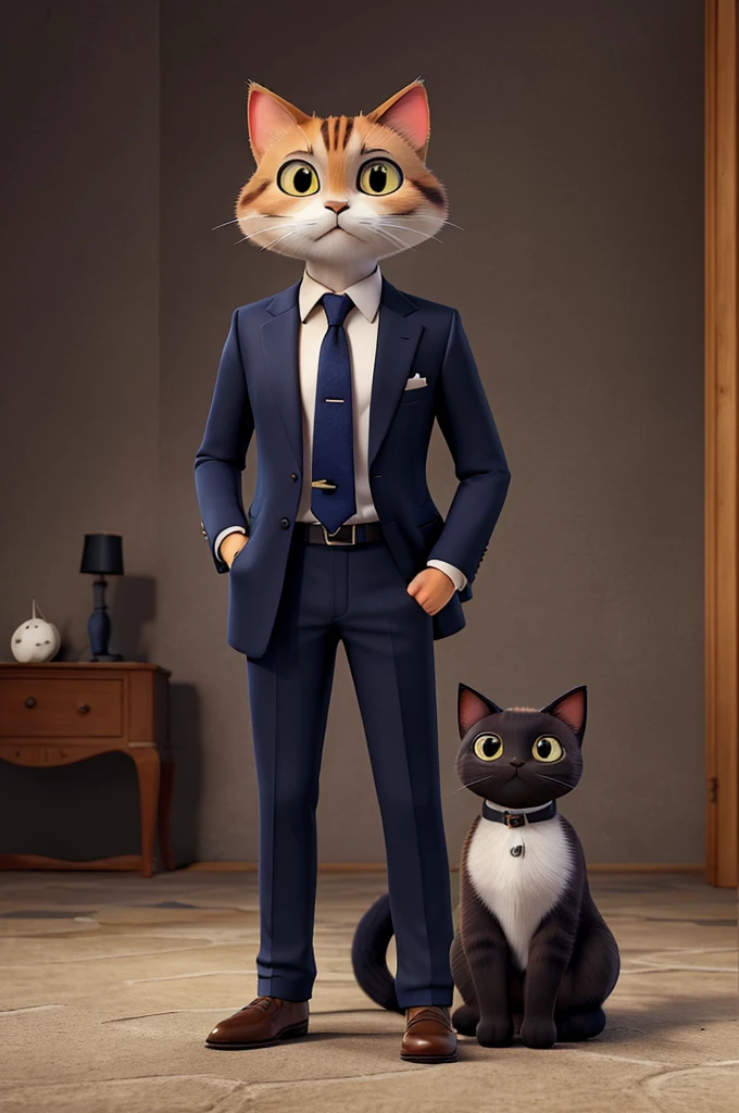 The cat must have a confident posture, perhaps with arms crossed or hands in pockets, and a cunning look. The suit must be well fitted, preferably in dark colors like black or navy blue, with sophisticated details like a tie and cufflinks. Add details that highlight the cat's musculature, like slight definition under the suit and an upright posture. Facial expression should convey intelligence and a touch of mystery.