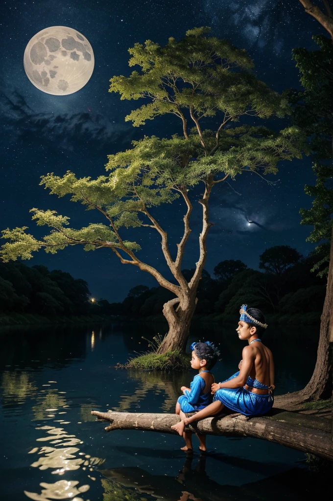 In the serene night scene, Krishna is depicted sitting on a sturdy tree branch alongside a small boy. Both are facing away from the viewer, their backs visible. Krishna, with his iconic blue complexion and peacock feather crown, is dressed in traditional attire. The tree is large and ancient, its thick branches extending over a calm river that flows beneath them. The moonlight casts a gentle glow over the scene, reflecting on the water and illuminating the surroundings. The night sky is filled with stars, adding a mystical and peaceful aura to the scene.
