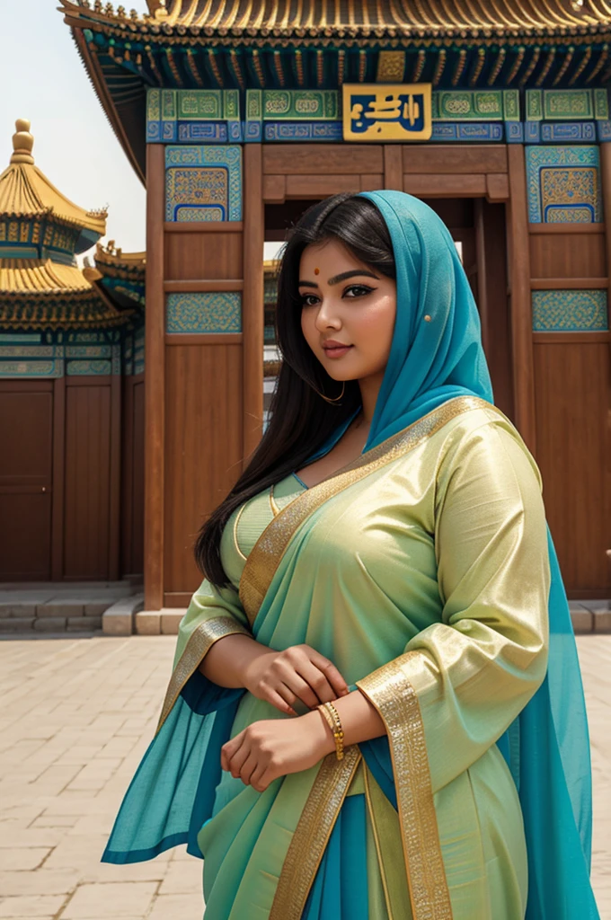 1 Heavenly beautiful and goddess beauty cute and sweet looking face Arabian female in front of Temple of Heaven, China, Heavenly beautiful Overweight, Heavenly beautiful Extremely fat, Heavenly beautiful and attractive Chubby figure , Heavenly beautiful looking and eye catching luxury style Ajrakh Sarees , reaching out, Heavenly beautiful Arabian woman, 16k, High resolution, masterpiece, highest quality, fine skin, outside view, Realistic Photograph, close up face view