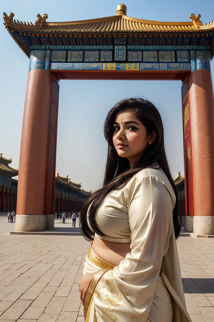 1 Heavenly beautiful and goddess beauty cute and sweet looking face Arabian female in front of Temple of Heaven, China, Heavenly beautiful Overweight, Heavenly beautiful Extremely fat, Heavenly beautiful and attractive Chubby figure , Heavenly beautiful looking and eye catching luxury style Ajrakh Sarees , reaching out, Heavenly beautiful Arabian woman, 16k, High resolution, masterpiece, highest quality, fine skin, outside view, Realistic Photograph, close up face view
