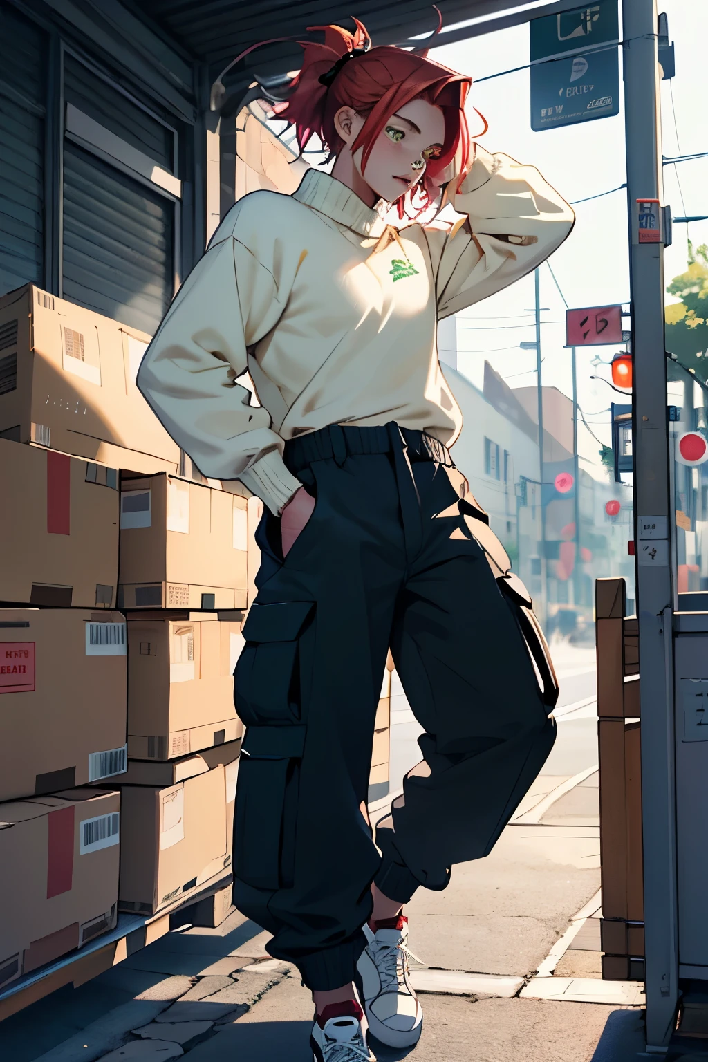 one with 1,63 metros de altura, the lean physique, medium breasted with a defined waist, light red hair, smooth and long, the green eyes, striking and with long eyelashes, white skin with freckles, the average mouth. With slightly baggy black cargo pants, a white sweater and green sneakers on her feet.
