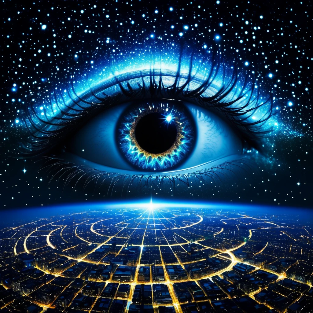 scape from heaven, the human eye is glowing. the human eye is glowing, so many stars in the sky and infinity in the sky