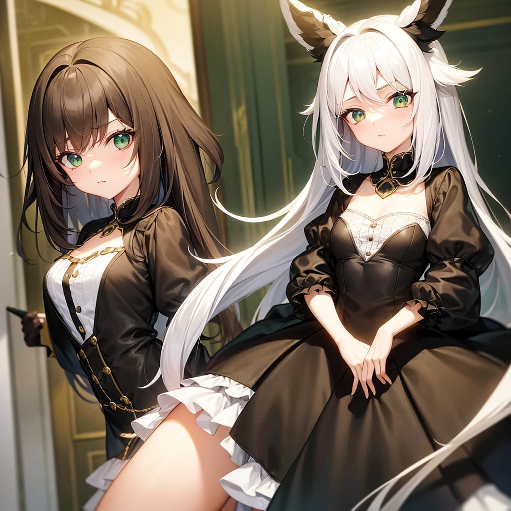 Traduzir textos com a câmera
A beautiful and cute girl, young and short, with long white hair, green eyes, scared, 20th century outfit, one girl