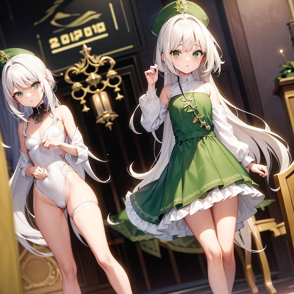 Traduzir textos com a câmera
A beautiful and cute girl, young and short, with long white hair, green eyes, scared, 20th century outfit, one girl