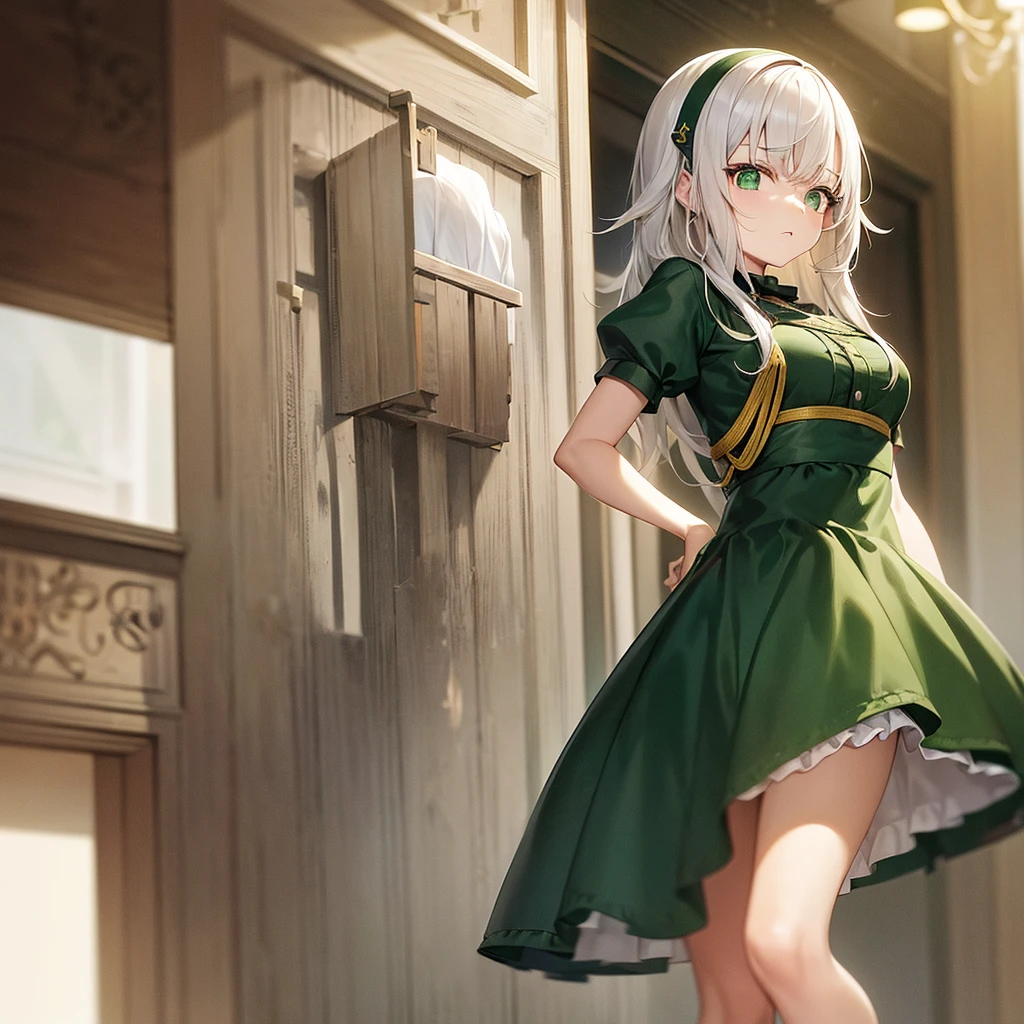 Traduzir textos com a câmera
A beautiful and cute girl, young and short, with long white hair, green eyes, scared, 20th century outfit, one girl