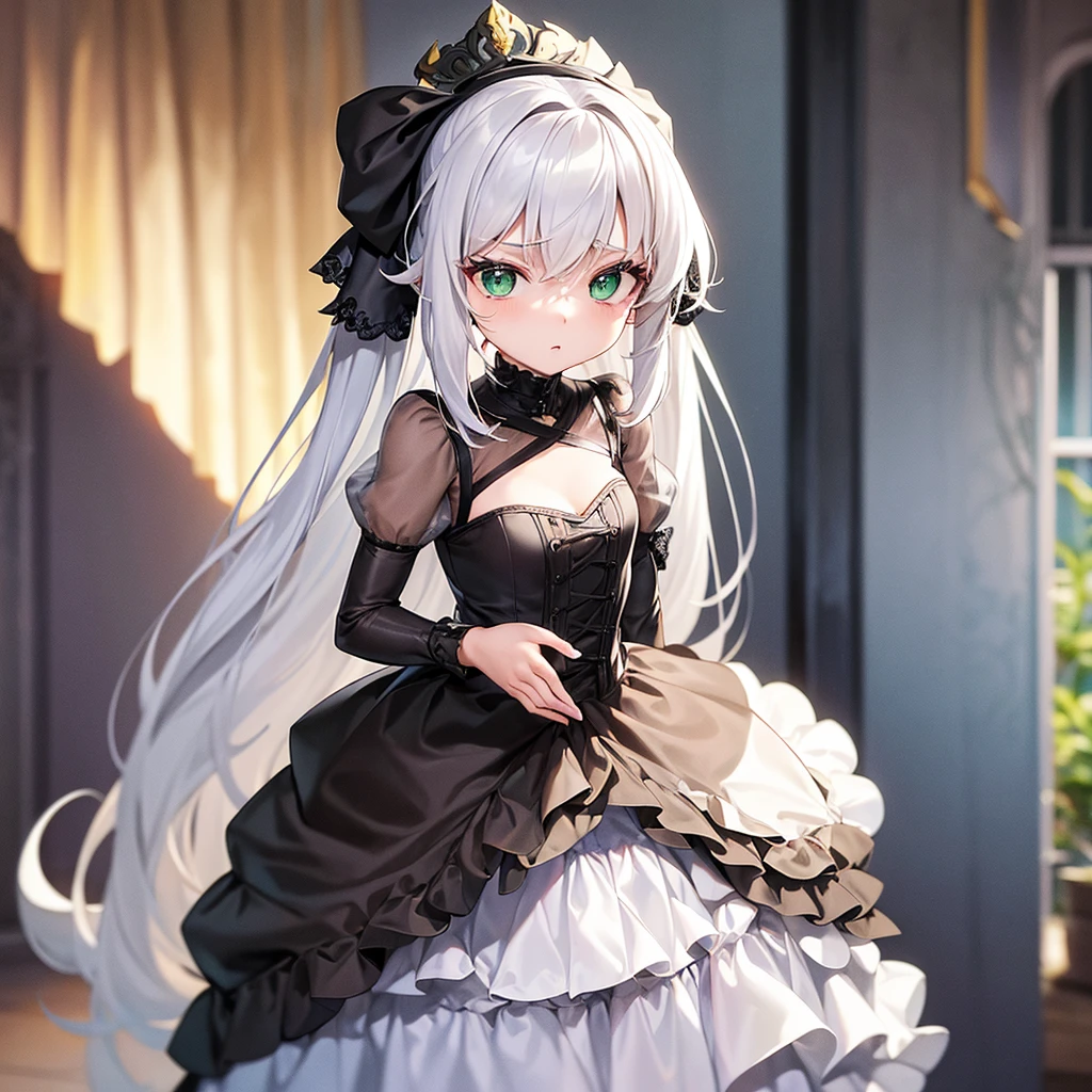Traduzir textos com a câmera
A beautiful and cute girl, young and short, with long white hair, green eyes, scared, 20th century outfit, one girl