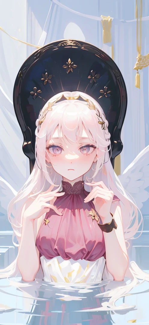 (Extremely delicate, masterpiece, excellent light and shadow, 8K HD wallpaper), white hair, golden eyes, intermittently translucent white clothes, looking at the upper body, lacy hair accessories, pale pink skin, tie at the waist, side braid swing.