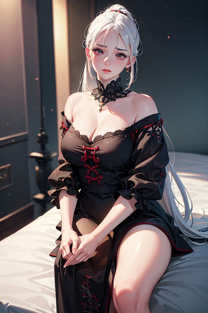 1girl, ponytail white hair, red eyes, beautiful detailed eyes, beautiful detailed lips, extremely detailed face, long eyelashes,pajama, bed, landscape, (best quality,4k,8k,highres,masterpiece:1.2),ultra-detailed,(realistic,photorealistic,photo-realistic:1.37),HDR,UHD,studio lighting,ultra-fine painting,sharp focus,physically-based rendering,extreme detail description,professional,vivid colors,bokeh,photographic