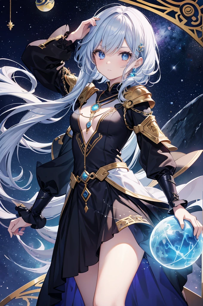 General description:
"Draw a 17 year old girl named Riven Starwind in anime style, showing her from the waist up. She must have an enigmatic and powerful appearance, with characteristics that reflect its complex and interdimensional nature."
body hair:
"Riven has long black hair, with shiny locks that reflect the colors of the cosmos. Your hair should have a fluid movement, highlighting its mystical aspect."
eyeballs:
"Your eyes are uneven: one celestial blue eye that symbolizes your connection with benevolent entities and the other fiery red, representing your inner strength and power."
Apparel & Accessories:
"She wears flowing, predominantly black outfits., with celestial blue and fiery red details. Light armor is silver with gold ornaments, decorated with mystical symbols and ancient runes that glow faintly. Include a necklace with a small gold and silver orb, symbolizing its link with the Orb of Worlds."
Pose and Expression:
"Draw her in a pose that conveys confidence and determination. Her expression should reflect her anti-heroine nature, with a look that suggests both compassion and caution."
Paleta de cores:
cosmic black: For clothes and hair.
azul celestial: For eye details, hair highlights and accessories.
fiery red: To the other eye.
mystic silver: For armor and ornaments.
doradas: For accessories and ornaments.
context:
"Capture the essence of your story, where she was guided by a mysterious light to the Lost Temple of Nyxoria and connected with the Orb of Worlds, gaining interdimensional abilities."
Use these guidelines to create a detailed and captivating image of Riven Starwind in anime style, capturing your unique, multifaceted essence from the waist up.