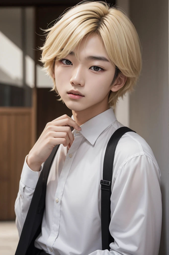 A Korean boy with medium black hair with blonde locks
