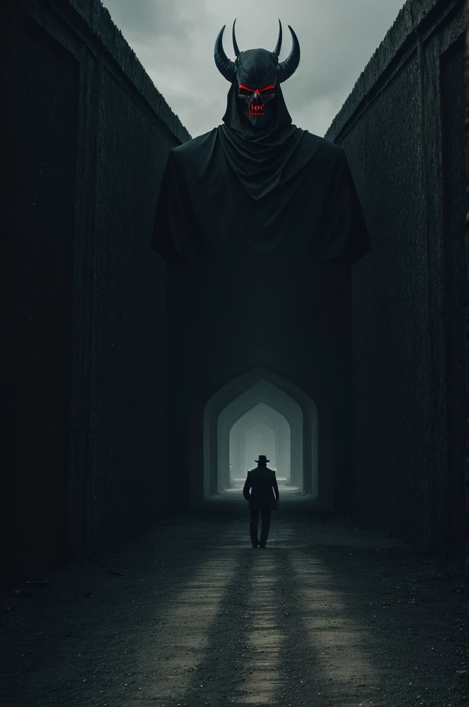 The devil and death looking at each other while there is a person in the middle of both walking along a path straight into the void.