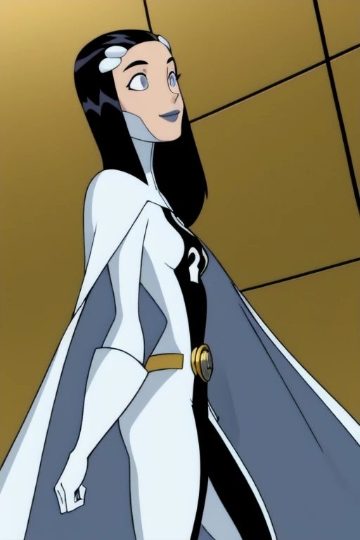 Phantom girl, Tinya Wazzo, solo, girl1, black hair, bodysuit. grey eyes, smile, grey lips, belt, white cape, white gloves, cape covering body, best quality, masterpiece, cowboy shot, from side below