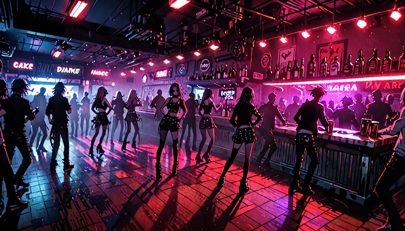 punk aesthetic, bar, dance floor, dark, people, red lights, dive bar,