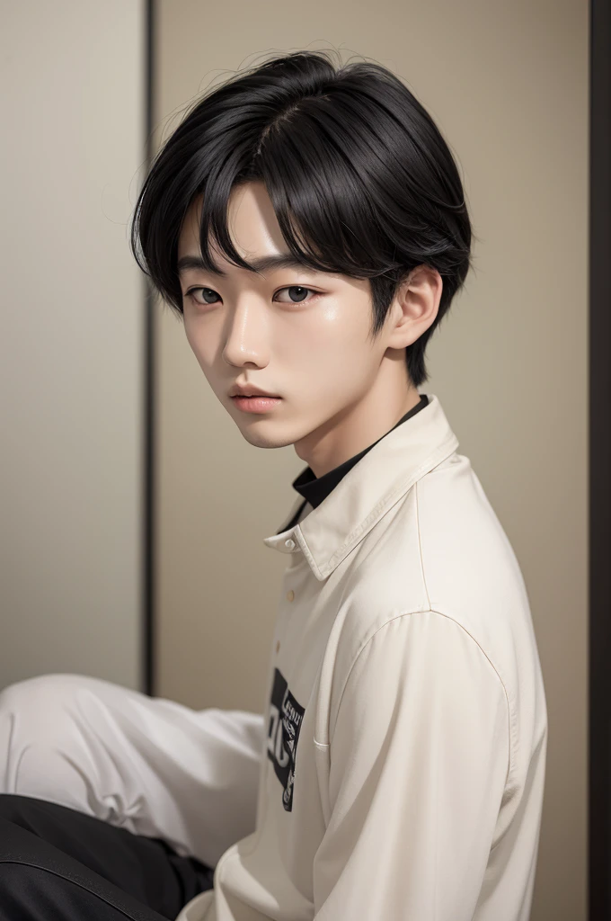 A Korean boy with medium black hair with blonde locks