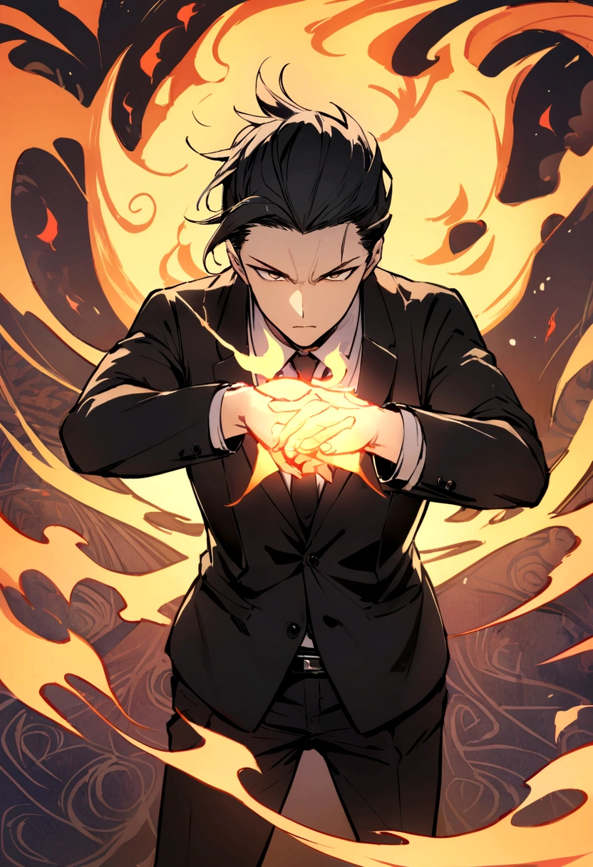 (best quality), oriental detailed background, one man wearing a black suit has flame power, has the word A on his black suit