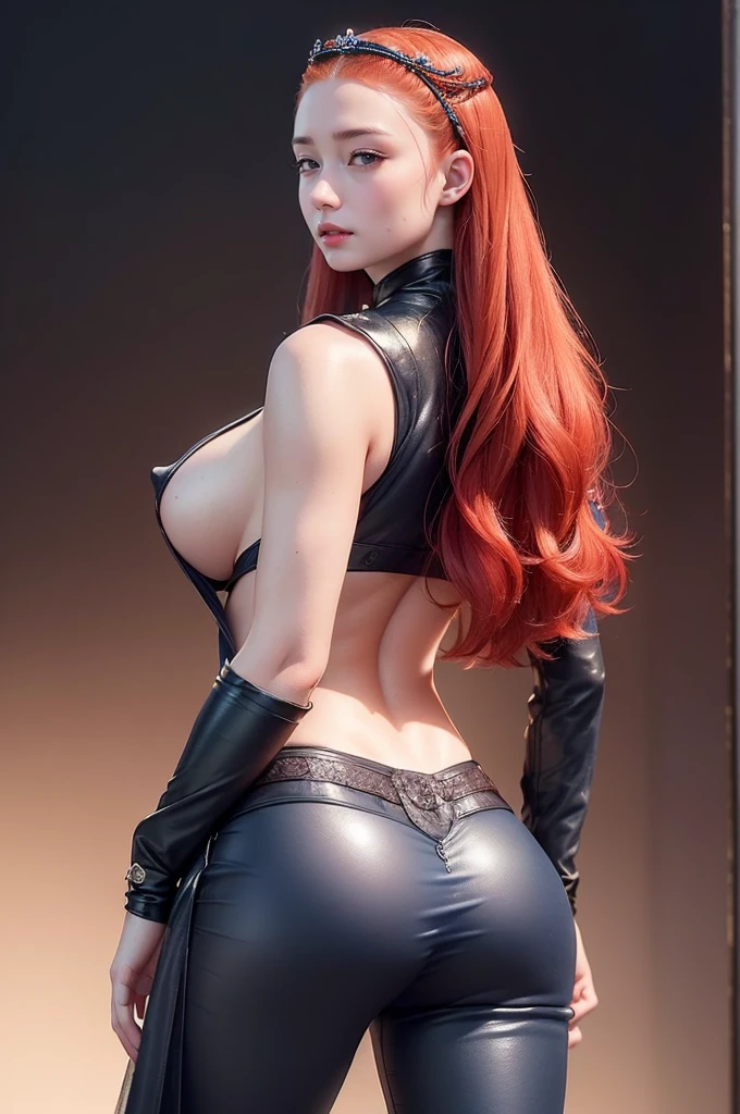 (masterpiece, best quality, cinematic, photorealistic, ultra-detailed), (1girl, Sophie Turner as Sansa Stark:1.5), perfect body, sexy body, tall and sexy, perfect hands, long round legs, (wide shot, full body view, from the back:1.4), (wearing A dark leather tunic, trousers, and protective armor pieces:1.2), (red hair, tied back in a loose ponytail), (blue eyes, soft and shimmery eyeshadows, detailed pupils, defined eyelashes), (blushing, slightly parted lips, cherry lips, fluffy lips), sexy body, perfect hands, (large tits, underboobs:1.5), (sensual pose, seductive pose), (gradient background)