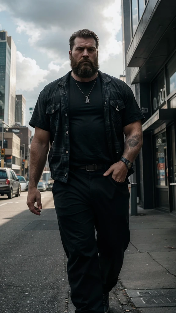 "A giant with a lumberjack beard, imposing in a cool, laid-back style is wearing black pants and a checkered country shirt. His toned, athletic body suggests his enormous strength. He appears to be casually strolling through the busy cityscape of GTS City, like buildings Smoke and clouds billow around her, adding to the sense of epic and dramatic scale. The lighting is dark, shadowy and realistic, creating a tense and ominous atmosphere.