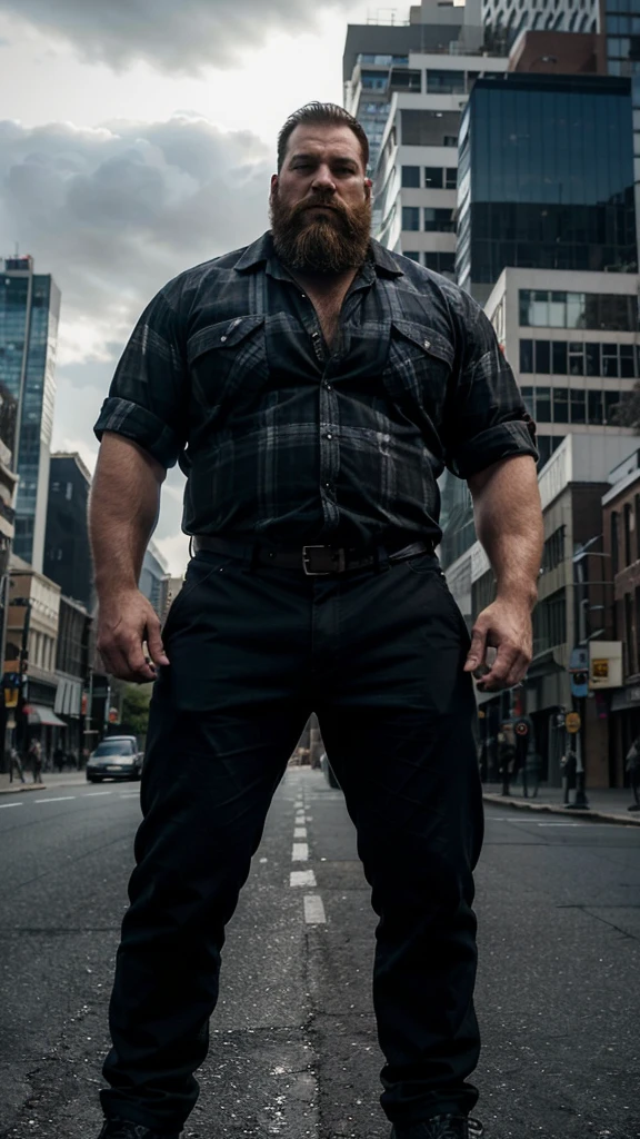 "A giant with a lumberjack beard, imposing in a cool, laid-back style is wearing black pants and a checkered country shirt. His toned, athletic body suggests his enormous strength. He appears to be casually strolling through the busy cityscape of GTS City, like buildings Smoke and clouds billow around her, adding to the sense of epic and dramatic scale. The lighting is dark, shadowy and realistic, creating a tense and ominous atmosphere.