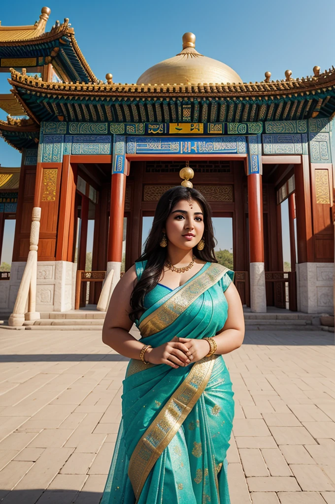 1 Heavenly beautiful and goddess beauty cute and sweet looking face Arabian female in front of Temple of Heaven, China, Heavenly beautiful Overweight, Heavenly beautiful Extremely fat, Heavenly beautiful and attractive Chubby figure , Heavenly beautiful looking and eye catching luxury style Ajrakh Sarees , reaching out, Heavenly beautiful Arabian woman, 16k, High resolution, masterpiece, highest quality, fine skin, outside view, Realistic Photograph, close up face view
