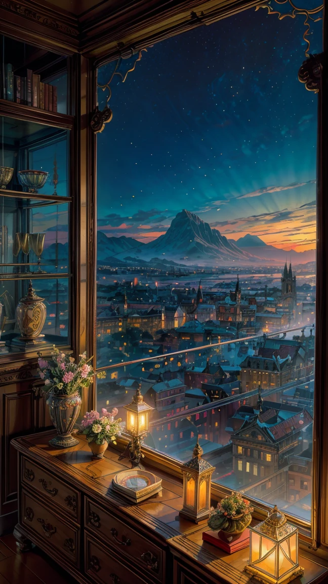A masterpiece, an exquisite view from a large window, shelves with books, watercolor paintings, paintings on the walls, a fireplace, chic furniture, gold elements, figurines, pots with branches, bottles, glasses, cups, plates, crystal, a chest of drawers, a sideboard with a variety of books, dishes, a dreamcatcher, a neon garland, a multi-colored garland, highlights, an exquisite interior, a view from the window, a bridge, the sea, mountains, sunset, a city, neon light, night, a bed, a sofa,  pillows, sconces, flowers, daylight, bright room, illuminated room, lots of light
