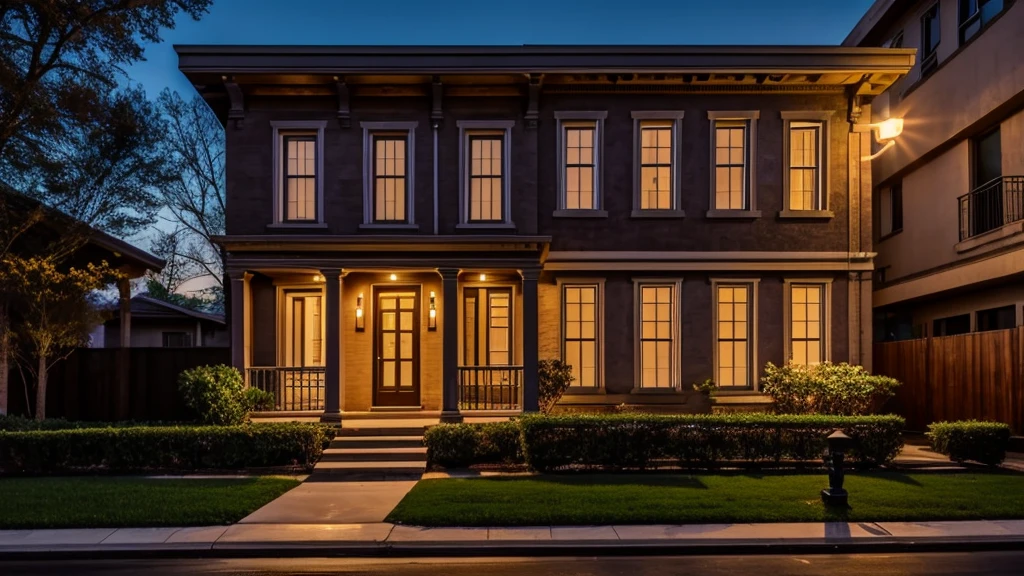 beautiful stoic house in urban neigborhood at night
