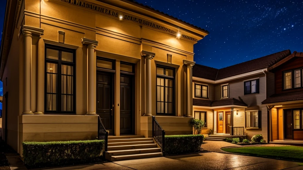 beautiful stoic house in urban neigborhood at night