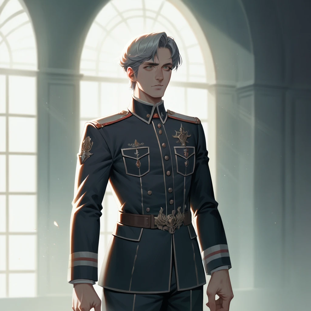 (Surrealist female portraits), (Dark Fantasy Art: 1.6), David Hockney and Alphonse Mucha style, stunning realism, dynamic lighting, 4K resolution, very detailed facial features, award-winning, Cowboy Shot, (official uniform: 1.4), long and gray hair, deep shadows.