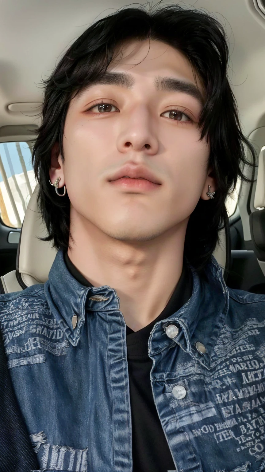 Asian man with a nose piercing and a denim jacket., jungkook\his right eyelid is swollen, jungkook\full lips, taken in the early 2020s, glare, jungkook's grecian nose, small, slanted lips, Pointed nose, light blue and penetrating eyes, androgynous face, jungkook, Asian man with black jacket and earrings in a car. Jungkook's eyes are slanted and blue, jungkook, , black haired jungkook, jungkook\full lips, very very low quality image, jeon Jungkook, pale korean adorable face. Man with detailed gray eyes. pink lips. jungkook with freckles and pale skin.