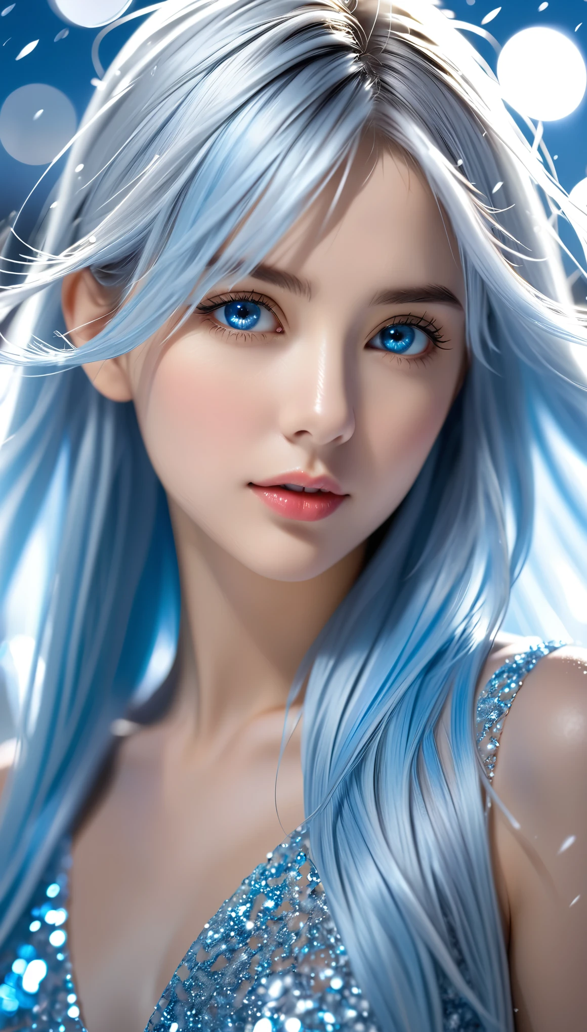 beautiful, young woman, in the crystal and ice area, fluttering ice, snowing,  streaked hair, sliver hair, sky blue hair, long hair, blue eyes, eye reflection, disdain, ray tracing, reflection light, blurry, glowing light, shallow depth of field, chiaroscuro, stereogram, zoom layer, side, bokeh, masterpiece, best quality, high quality, HD