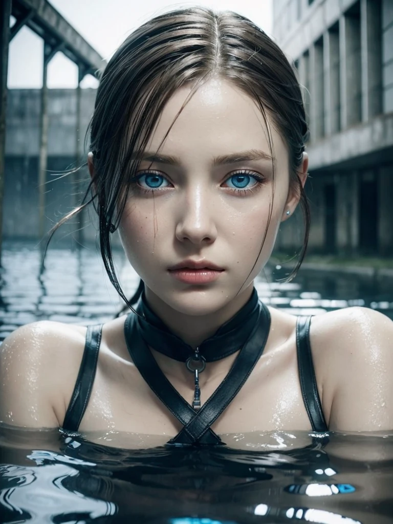 the face of woman with beautiful blue eyes, in water, in the style of dystopian realism, realistic perspective, xbox 360 graphics, surrealistic realism, emotive realism, soggy, eerily realistic --ar 9:16 --stylize 750 --v 6