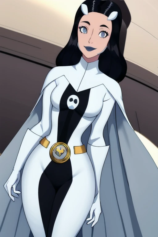 Phantom girl, Tinya Wazzo, solo, girl1, black hair, bodysuit. grey eyes, smile, grey lips, belt, white cape, white gloves, cape covering body, best quality, masterpiece, cowboy shot, from down below, looking at viewer