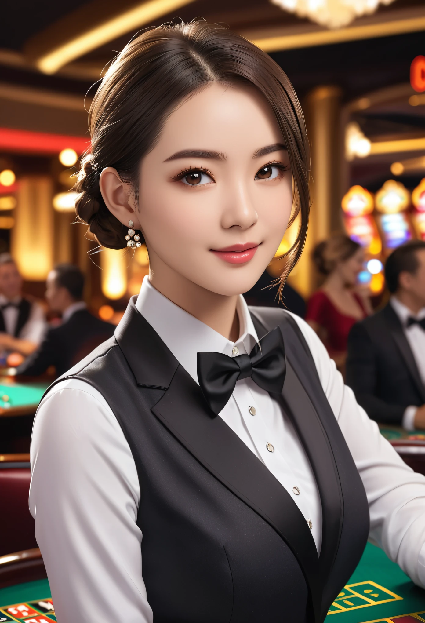 (best quality, 4K, 8K, High resolution, masterpiece:1.2), Super detailed, (actual, photoactual, photo-actual:1.37), high dynamic range, Ultra high quality, Studio lighting, Ultra-fine coating, sharp focus, Physically based rendering, extremely detailed description, professional, bright colors, Bokeh, portrait, 1 girl, ((short hair, Good braids)), (casino croupier),((casino)),Tuxedo, Vest, Jacket, bow tie, skirt