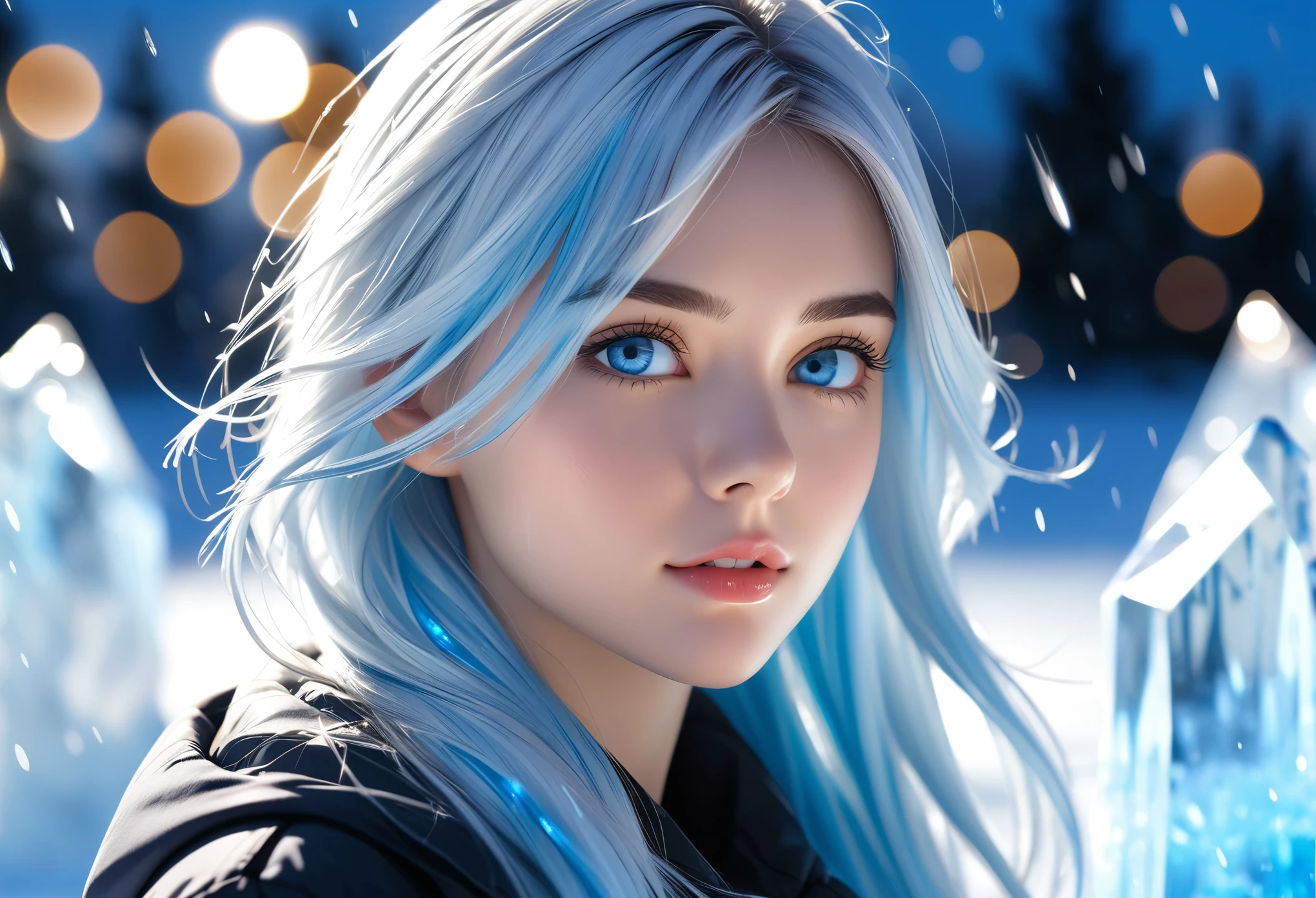 beautiful, young woman, in the crystal and ice area, fluttering ice, snowing,  streaked hair, sliver hair, sky blue hair, long hair, blue eyes, eye reflection, disdain, ray tracing, reflection light, blurry, glowing light, shallow depth of field, chiaroscuro, stereogram, zoom layer, side, bokeh, masterpiece, best quality, high quality, HD