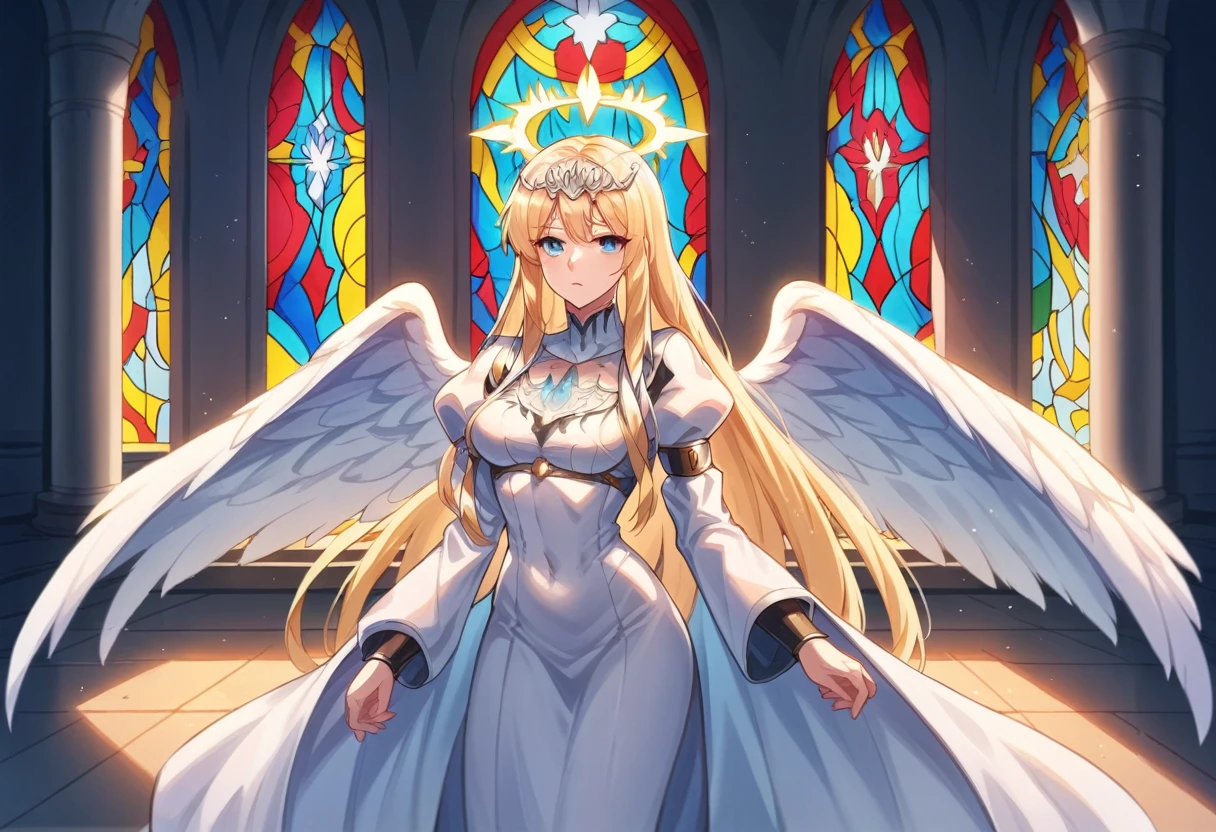 score_9, score_8_up, score_7_up, indoor, in the cathdral, in very big church, day light, stained glass, 
BREAK
source_anime
BREAK
1girl, solo, Calca, Calca Bessarez, blonde hair, (extremely long hair1.5), very long hair, white tiara, white dress, blue eyes, medium chest,extremely long hair, blunt bang, bang, angel wings, very large angel wings, halo, slim body, 