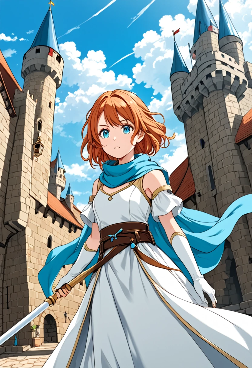 artwork, best qualityer, 2d anime style, White girl, medium length hair,Twin Tails Hair, light orange redhead, blush cheeks, turquoise eyes, long white dress with light blue details, silver details, sleeveless, elbow gloves, light blue scarf, waist belt, docile expression, medieval theme, RPG, fundo do castelo, sky appearing, holding a white scepter with blue details. fully body, conceptual artwork, Brown boots
