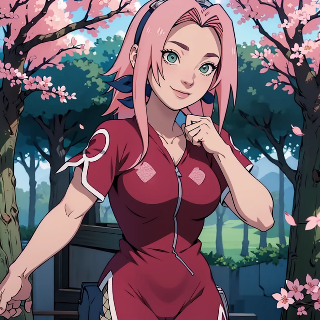 (((fishnet fantasy))), work of art, Best quality at best, 1 , sakura haruno, breasts big,Ombro to ombro suit,(neckleace),(close-up of the upper body),Raised sexy,Is shy,he used to smile,with pink hair, cabelo longo e branco, (Green eyeballs:1.4), Forehead protection, the cherry trees,Cherry blossoms flying,Red clothing, busty figure, :1.1, :1:1,