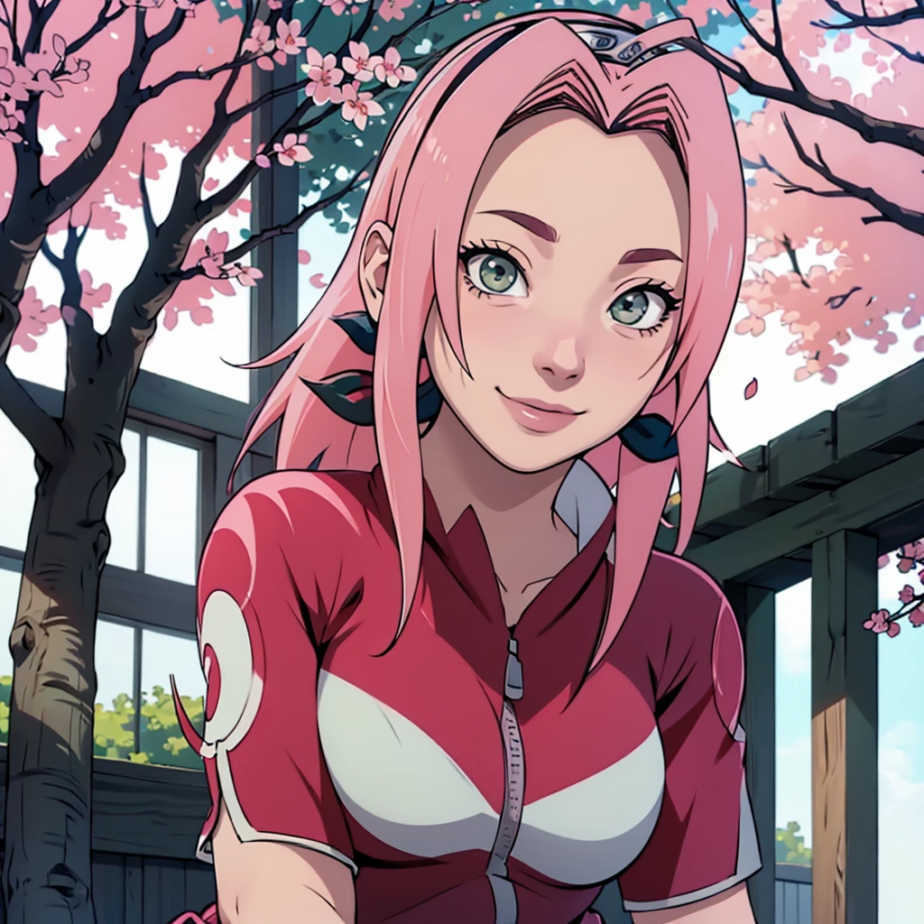 (((fishnet fantasy))), work of art， Best quality at best， 1 ， sakura haruno， breasts big，Ombro to ombro suit，（neckleace)，（close-up of the upper body)，Raised sexy，Is shy，he used to smile，with pink hair， cabelo longo e branco， （Green eyeballs:1.4)， Forehead protection， the cherry trees，Cherry blossoms flying，Red clothing, busty figure, :1.1, :1:1,